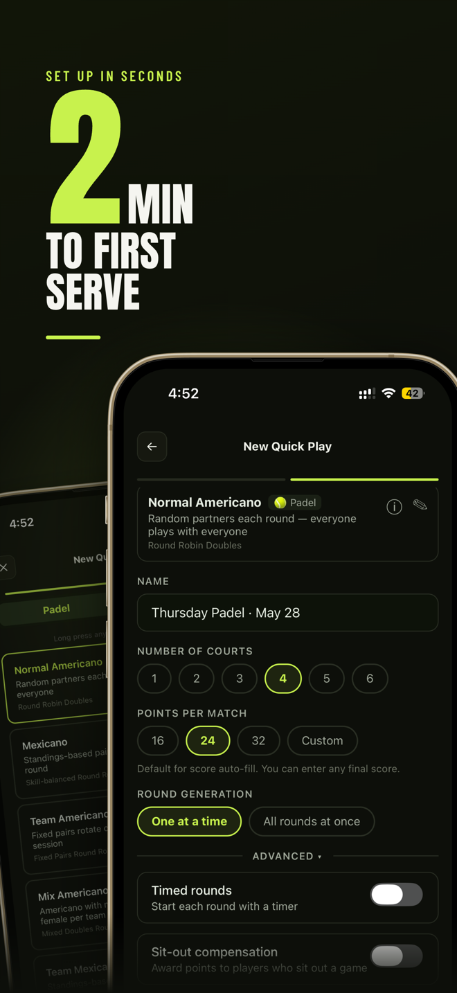 ScoreThis screenshot — '2 min to first serve'